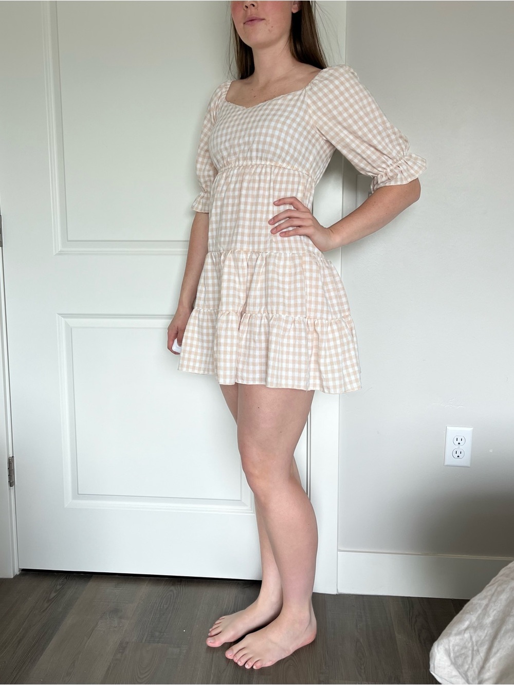 SHEIN Yellow Gingham Square-Neck Tiered Mini Dress